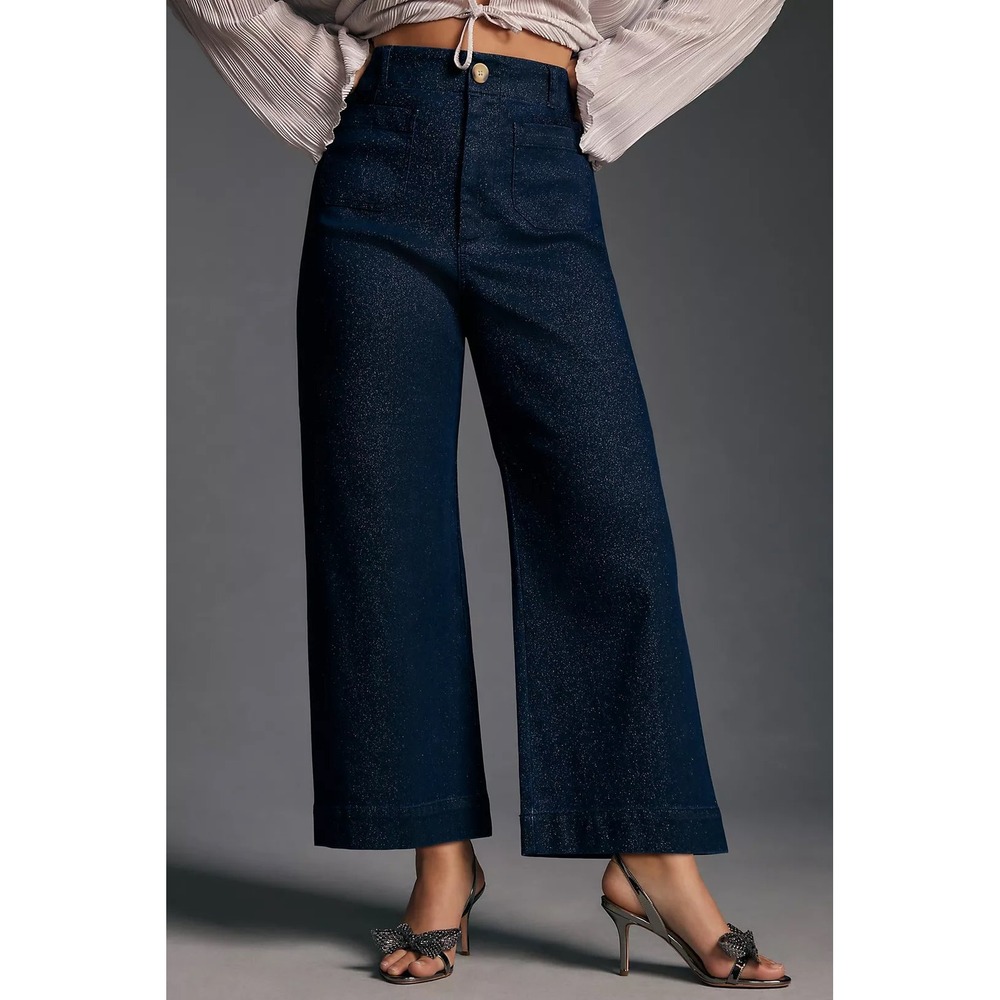 Anthropologie Maeve Collette Sparkle Denim Wide Leg Cropped Pants Womens 26